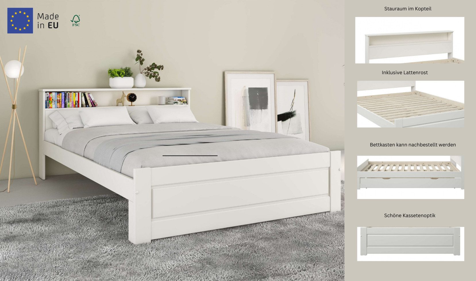 OTTO home Massivholzbett FLAVION, Jugendbett, Stauraum, FSC® zertifizierte Kiefer (Breite: 90, 140, 180), Qualitätsprodukt, Regal, Kassettenoptik, Schublade optional