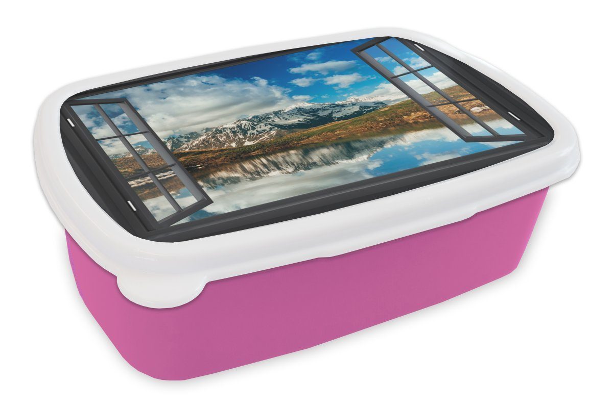 MuchoWow Lunchbox Aussicht - Berge - Wasser, Kunststoff, (2-tlg), Brotbox für Erwachsene, Brotdose Kinder, Snackbox, Mädchen, Kunststoff rosa