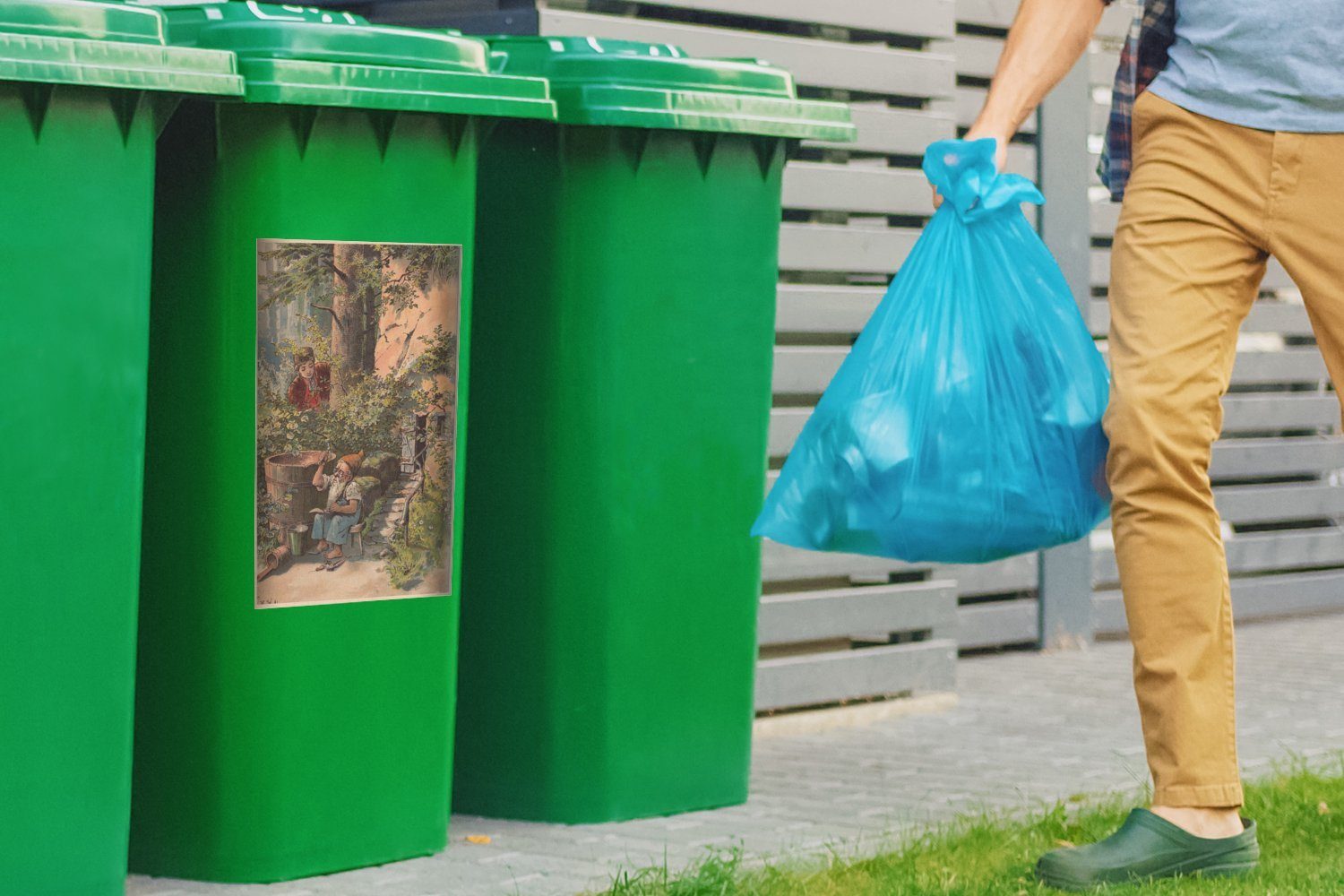 Sticker, St), eines (1 Illustration Mülltonne, MuchoWow Mülleimer-aufkleber, Gartenzwergs Wandsticker Container, Abfalbehälter