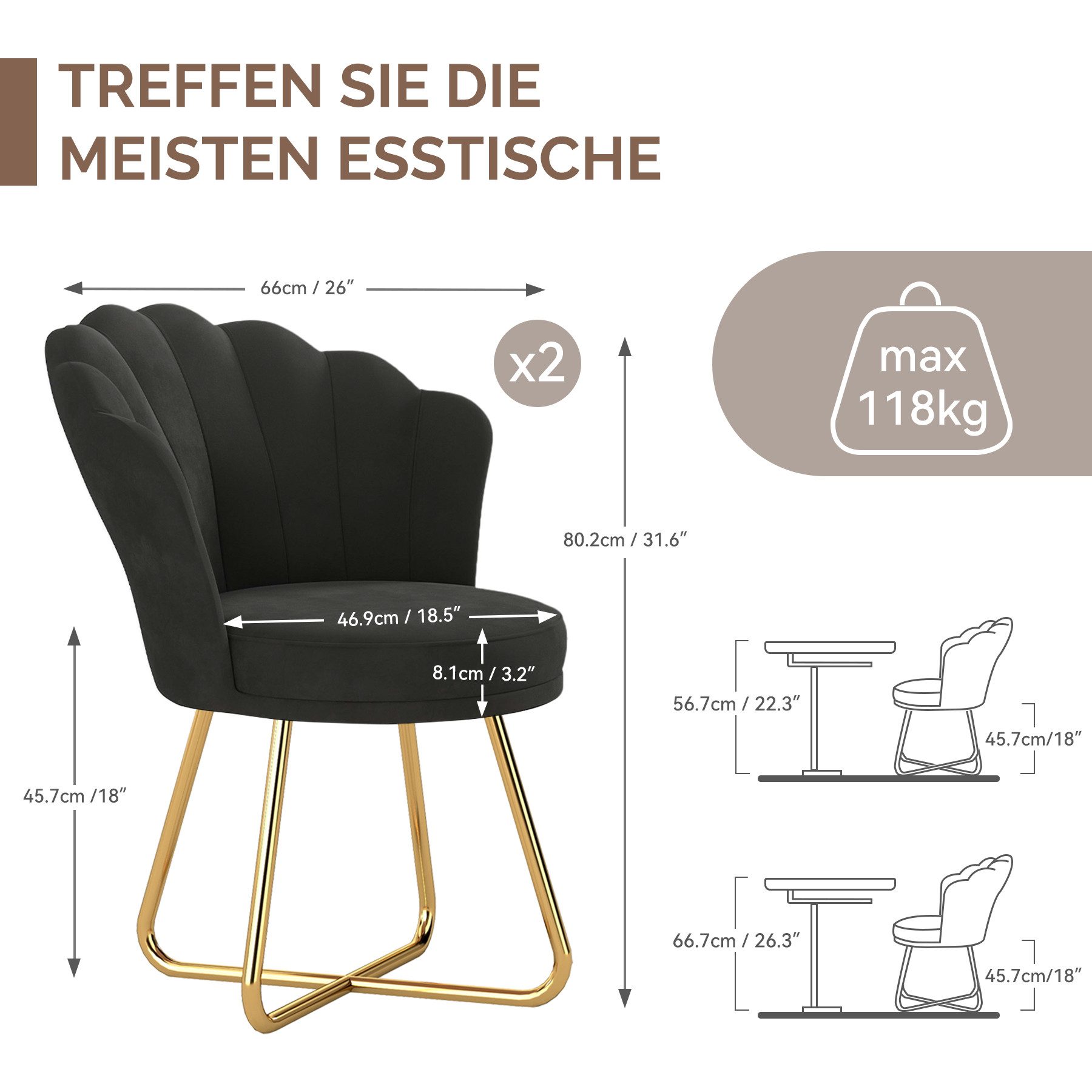 HawthyHome Polsterstuhl Polstersessel mit Blütenblatt-Rückenlehne & Goldene Metallbeine (1 St), ideal für Esszimmer & Schminktisch