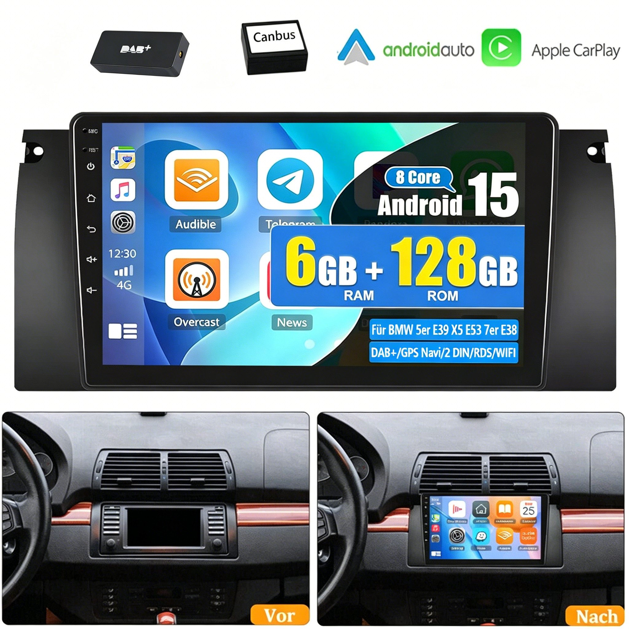 ESSGOO 6+128G DAB+ autoradio 2 DIN Android 15 Für BMW 5er E39 X5 E53 7er E38 Autoradio (RDS, 6GB+128GB, 4G LTE, Digitalradio (DAB), FM, AM, SWC, Carplay Android Auto Bluetooth EQ USB GPS Navi WIFI Touchscreen)