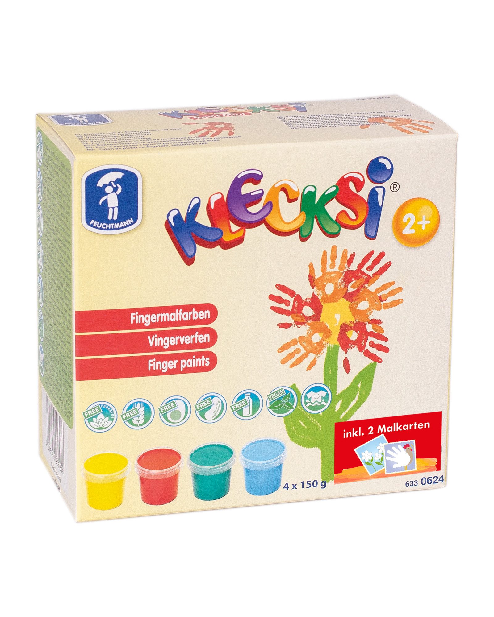 Feuchtmann Fingerfarbe KLECKSi Basic Mini+, 4 x 150g hautfreundliche Fingermalfarbe für Kinder