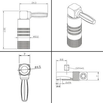 Poppstar High End Bananenstecker gewinkelt für Lautsprecherkabel (bis 6 mm) Audio-Adapter Bananenstecker, für Lautsprecher, AV Receiver (vergoldete Kontakte, 1x schwarz 1x rot)