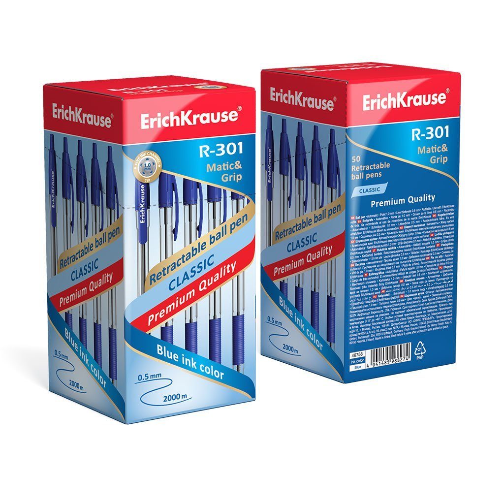 Erich Krause Druckkugelschreiber, Druckkugelschreiber R-301 Classic 0,5mm mit Gummigriff 50er Pack Blau