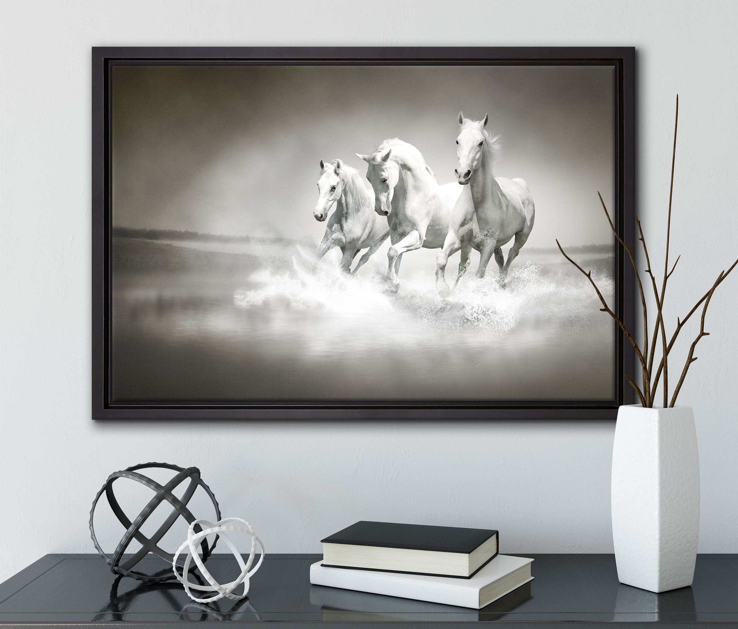 Schattenfugen-Bilderrahmen St), Pferde bespannt, einem Wanddekoration inkl. rennen fertig Pixxprint Wasser, gefasst, in (1 Leinwandbild Zackenaufhänger Leinwandbild im