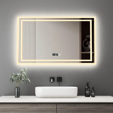 WDWRITTI LED-Lichtspiegel Badspiegel mit LED Beleuchtung 100x60cm (wasserdicht, staubdicht;Touch-Schalter mit Speicherfunktion;, Touch/Wandschalter, LED-Anzeige für 24-Stunden-Uhrzeit), 3 dimmbare Lichtfarben;Speicherfunktion;Digitaluhr