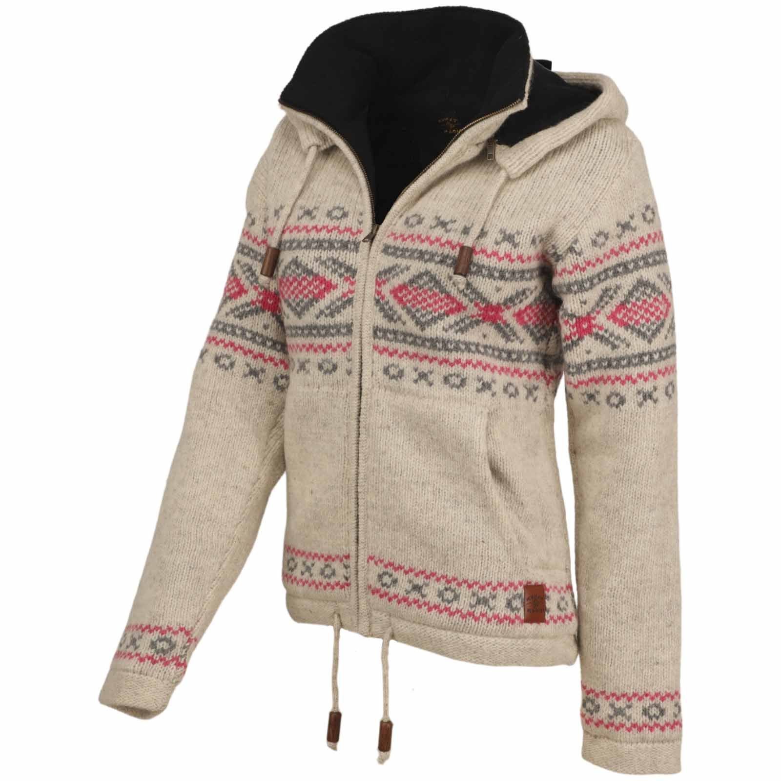 KUNST UND MAGIE Kapuzenstrickjacke Gefütterte Wolljacke Strickjacke Norweger Muster abnehmbarer Kapuze