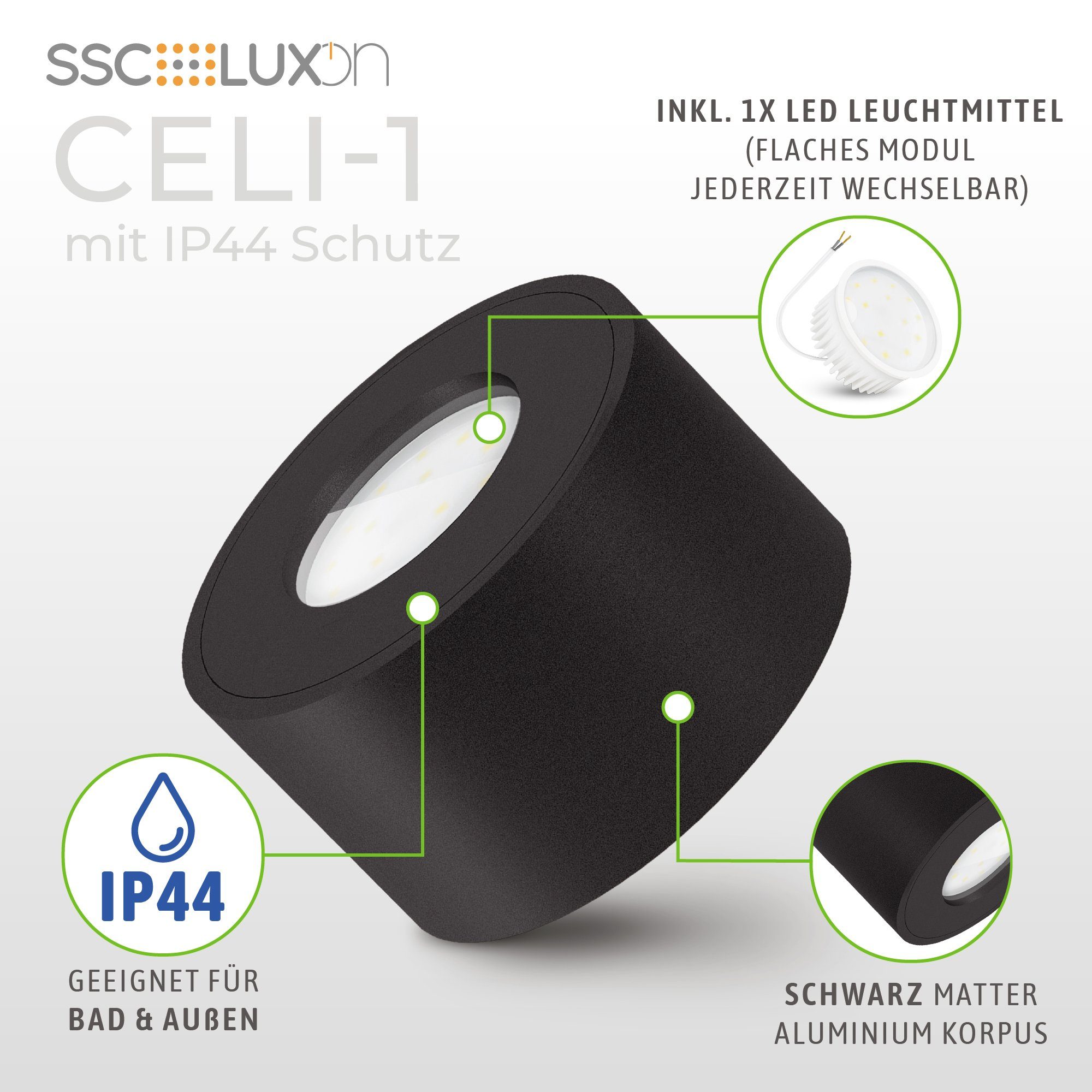 5W, Warmweiß SSC-LUXon flach LED Aufputz IP44 Aufbauleuchte Spot CELI-1 mit in dimmbar schwarz Modul