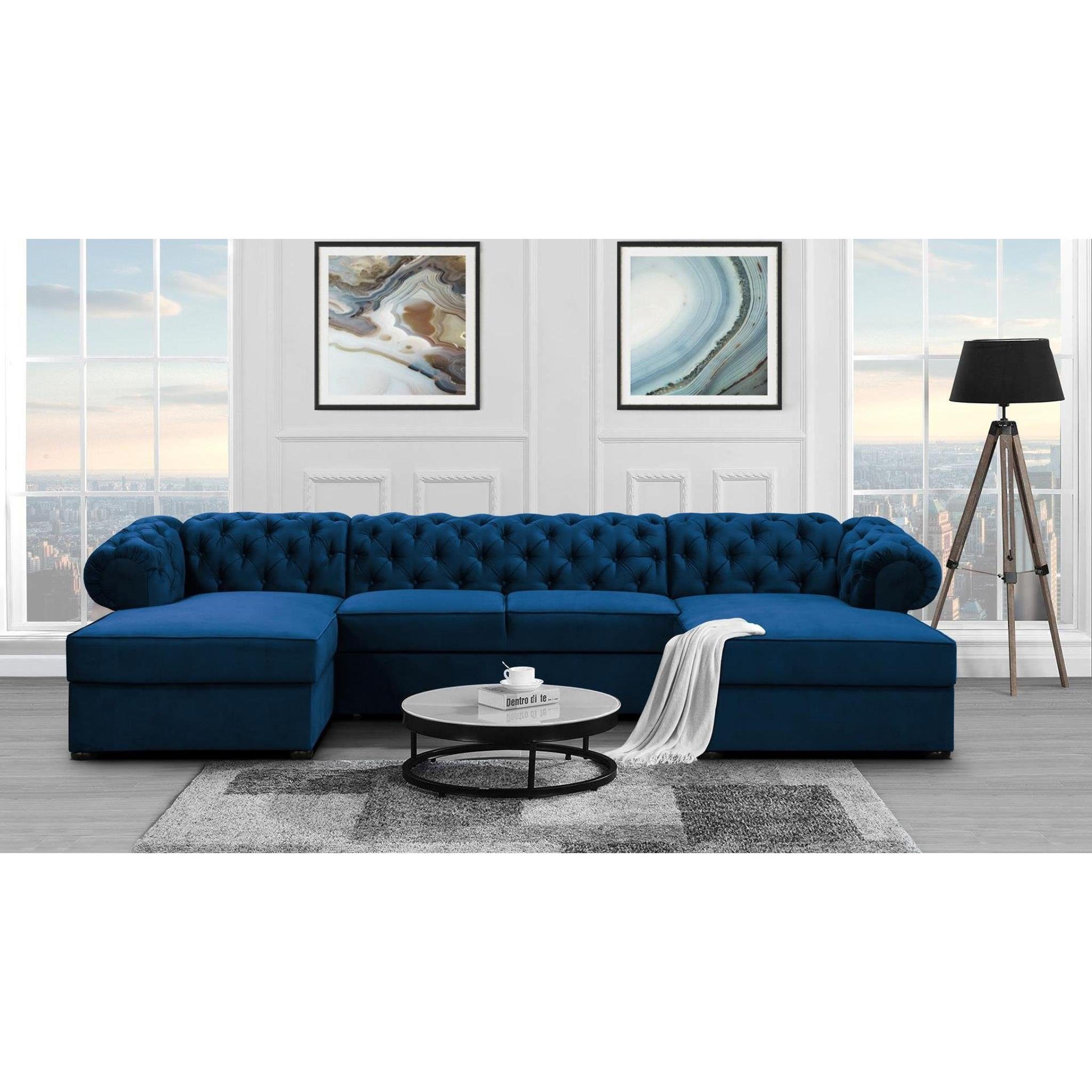 Beautysofa Ecksofa Chester, U-Form Ecksofa 09) Bettkasten, Stil und Marineblau Chesterfield Schlaffunktion (kronos