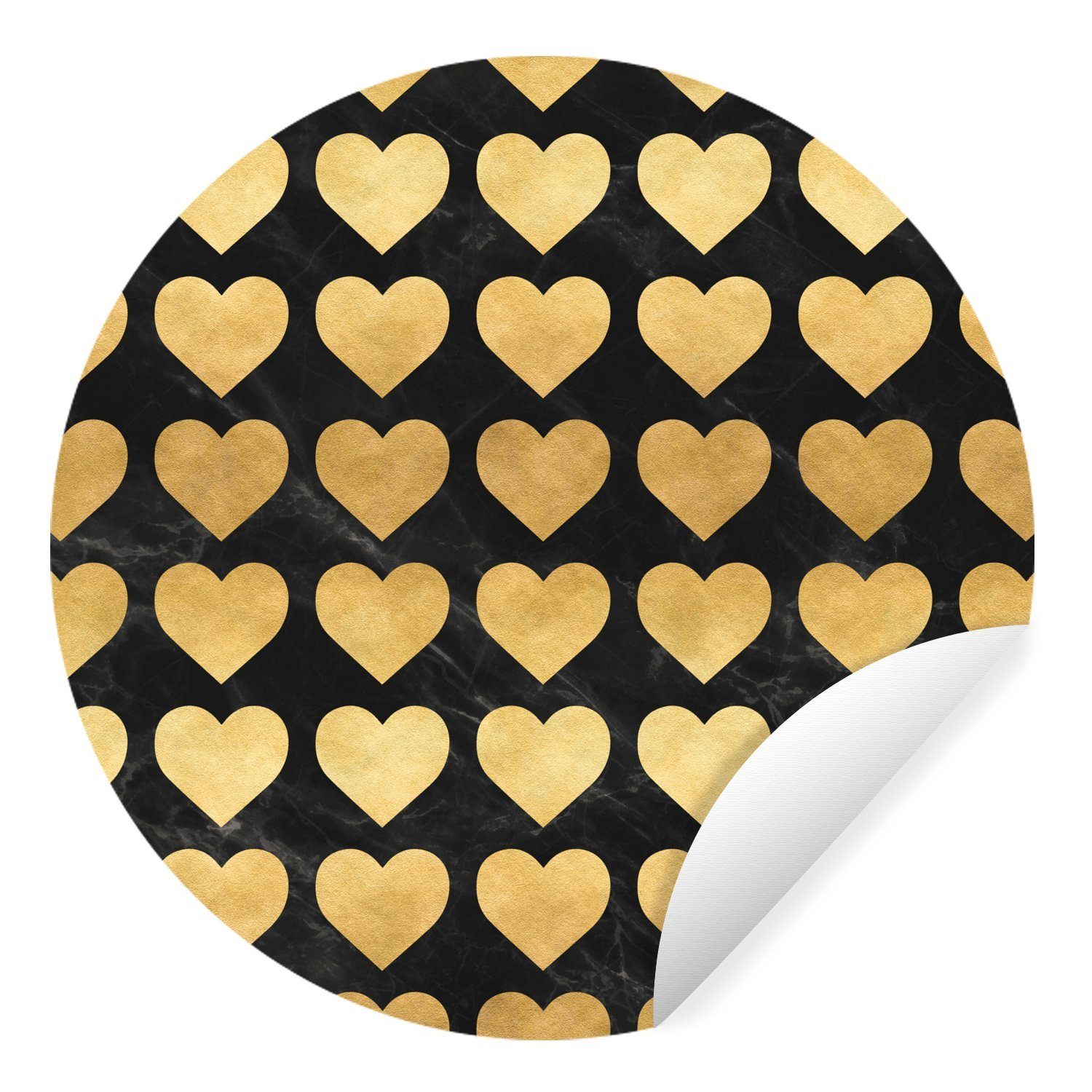 MuchoWow Wandsticker Muster - Herz - Gold - Schwarz (1 St), Tapetenkreis für Kinderzimmer, Tapetenaufkleber, Rund, Wohnzimmer