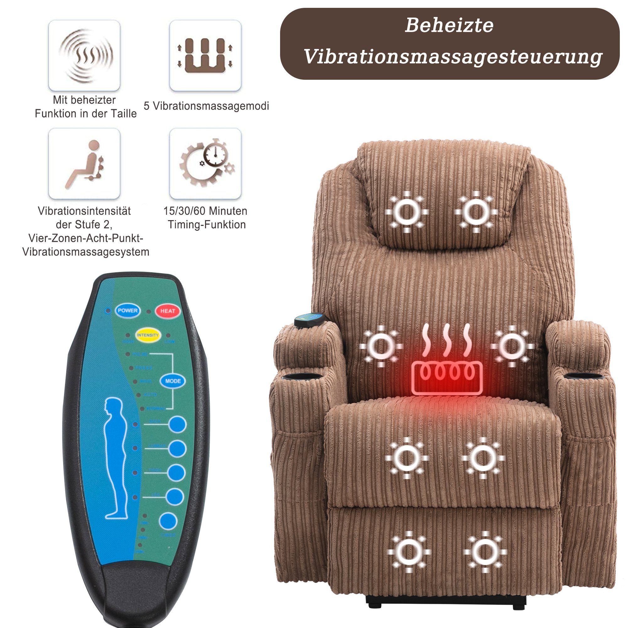 bis | (Liegefunktion, CAT Fernsehsessel und Braun belastbar Wärmefunktion Aufstehhilfe, zu Braun TV-Sessel 130 kg mit Braun | Vibrationsmassage), PHOEBE