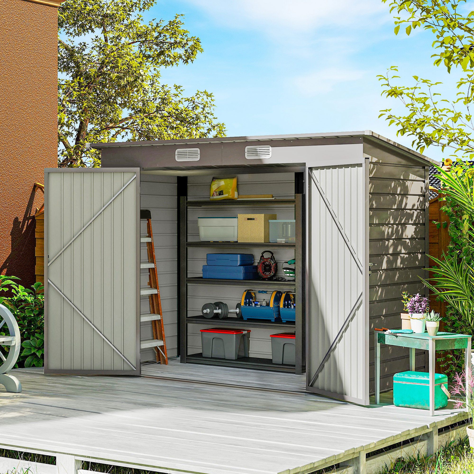 Outsunny Gerätehaus Geräteschuppen mit Pultdach, abschließbarer Doppeltür Schuppen, BxT: 249x121 cm, (Geräteschuppen, 1 St., wetterfest Gartenhaus), für Hinterhof, Garten, Hellgrau