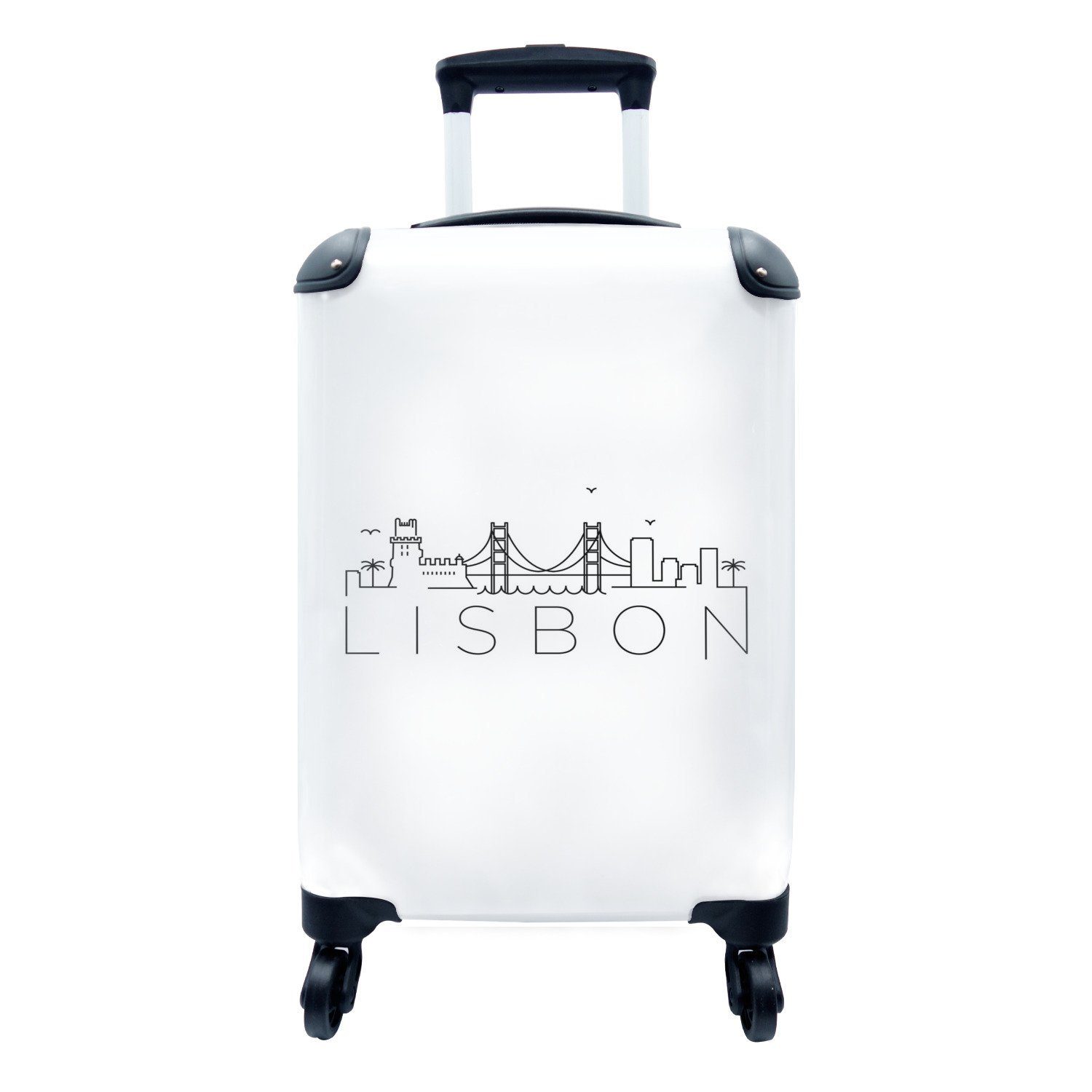 MuchoWow Handgepäckkoffer Skyline "Lissabon" Trolley, weißem Rollen, Ferien, mit Reisekoffer Hintergrund, für rollen, Reisetasche 4 Handgepäck vor
