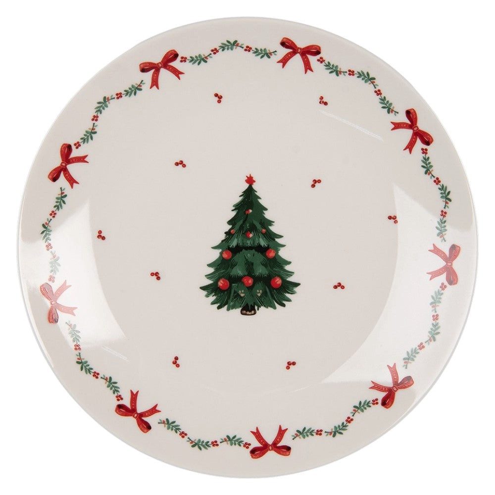 Clayre & Eef Frühstücksteller Vintage Frühstücks-Teller Weihnachten mit Tannenbaum Porzellan 20 cm, Vintage Frühstücks-Teller Weihnachten mit Tannenbaum Porzellan 20 cm