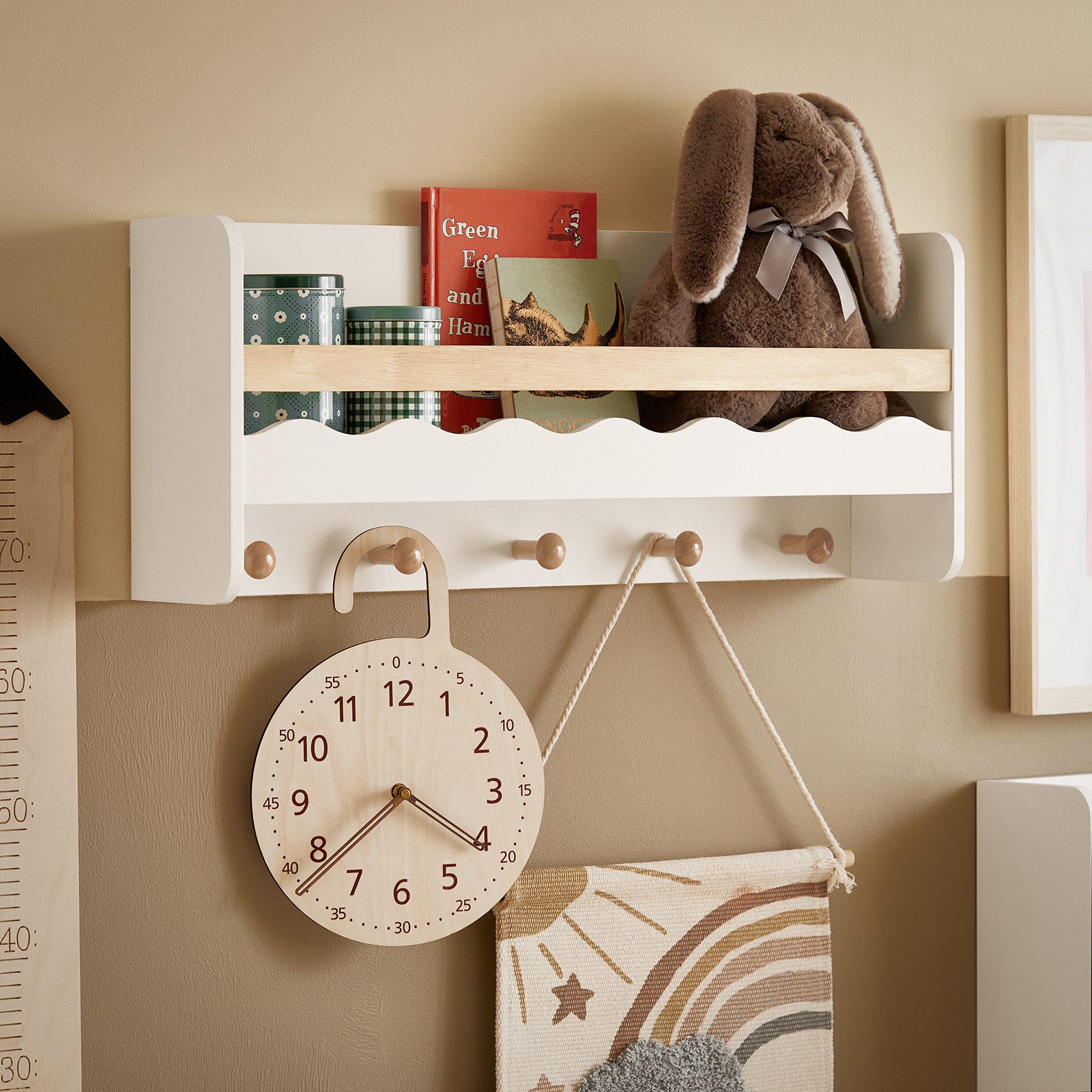 SoBuy Wandregal KMB78, Kindergarderobe Kinderregal Bücherregal Wandregal mit 5 Haken, Hängeregal mit Ablage Wandgarderobe Garderobenleiste für Kinder
