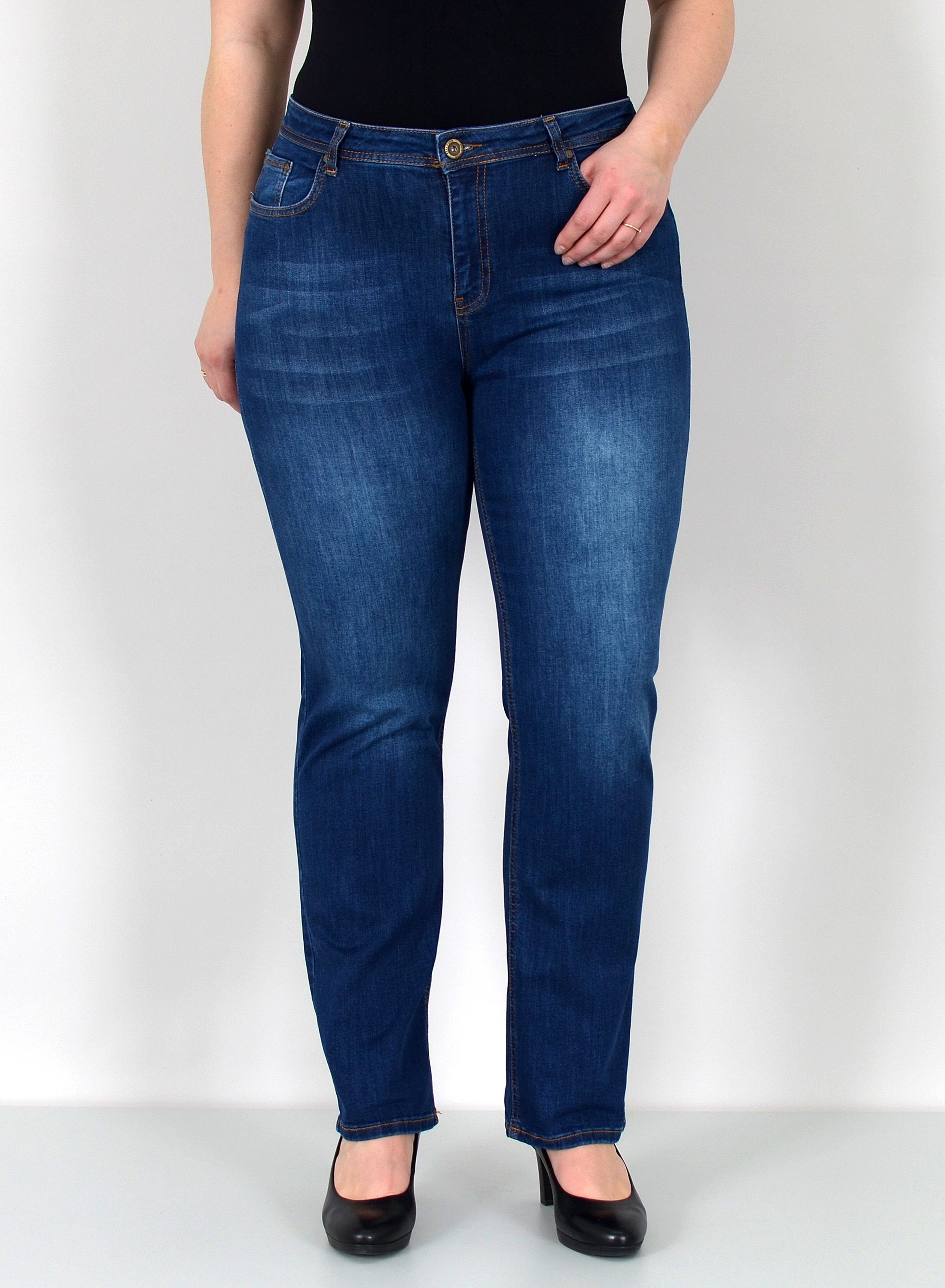 ESRA Straight-Jeans Gerade Schnitt Jeans hoher Bund mit Stretch bis Plus Size Übergröße Straight Jeans Damen High Waist Stretch Jeans Hose mit geradem Bein