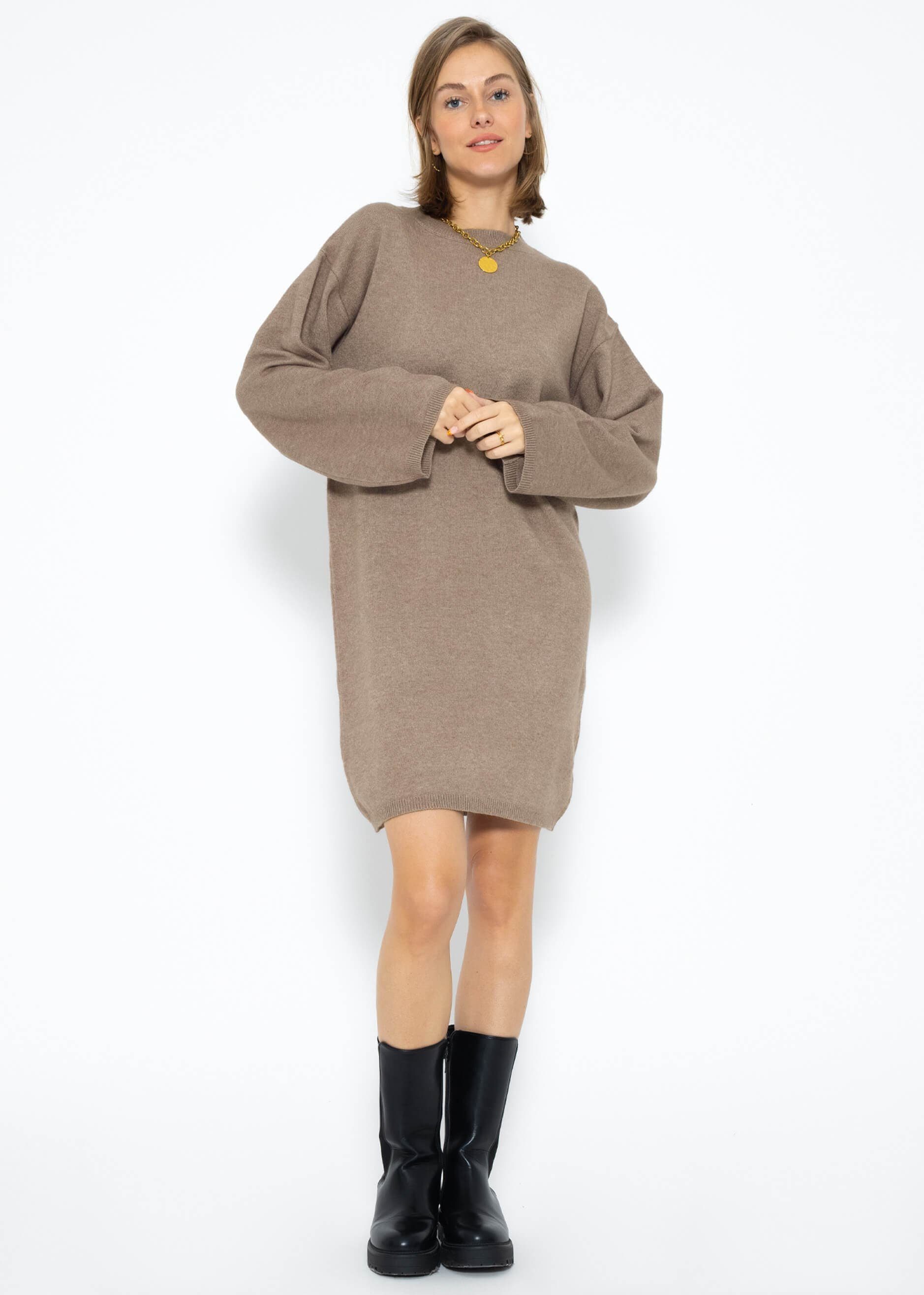 SASSYCLASSY Strickkleid Oversize Strickkleid Rollkragen Damen Lässiges Kleidpullover elegant aus weichem Strick Winter Grau Beige