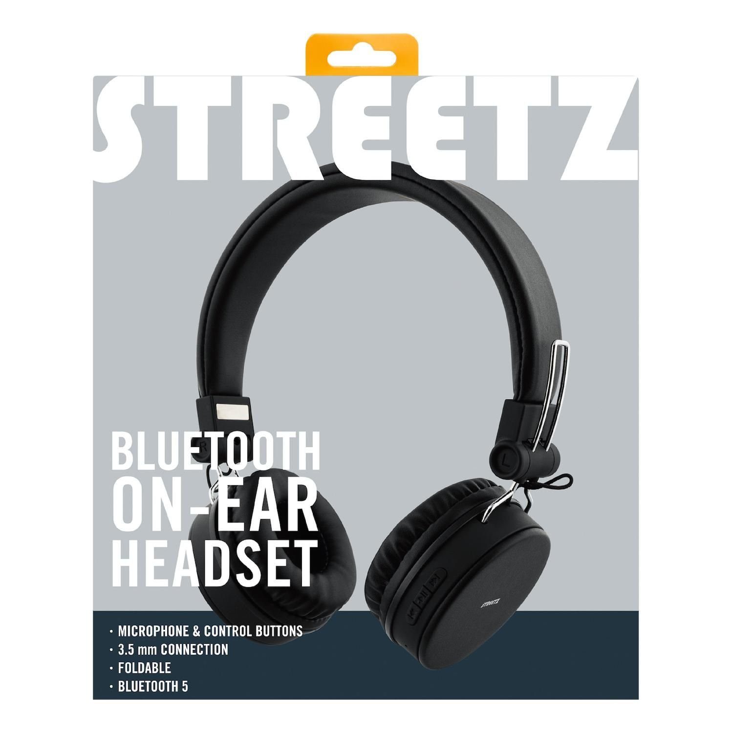 STREETZ Bluetooth Kopfhörer faltbar bis Bluetooth, On-Ear zu (integriertes Kabel AUX Herstellergarantie) Spielzeit Kopfhörer 5 schwarz Jahre 22Std Freisprecheinrichtung Mikrofon, inkl