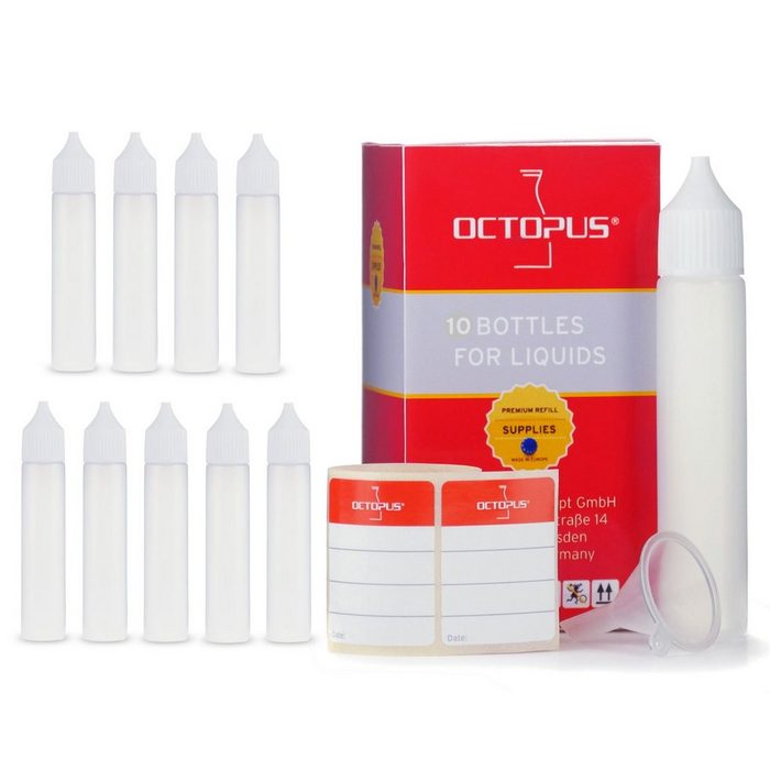 OCTOPUS Kanister 10 Plastikflaschen 30 ml länglich aus LDPE G18 Tropfeinsatz Deckel (10 St)