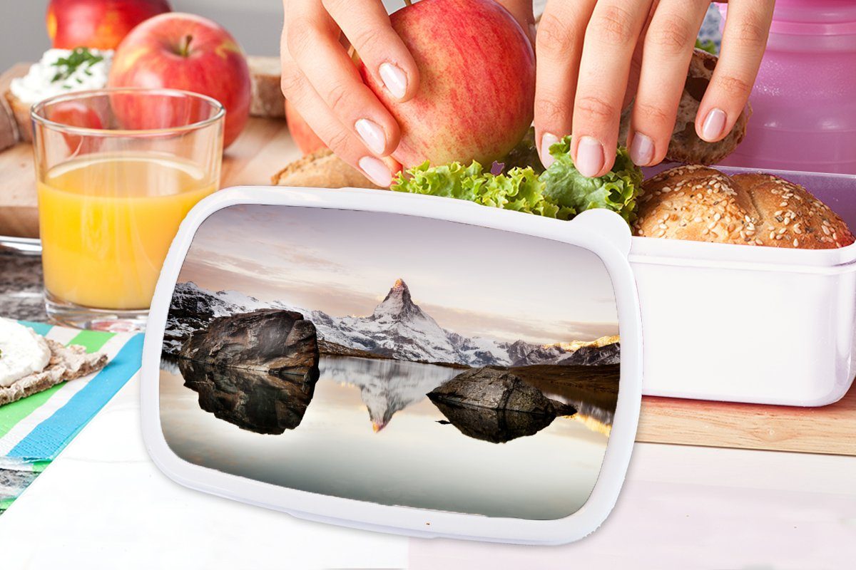 für in Erwachsene, Lunchbox Schweiz, MuchoWow Jungs vom für Kunststoff, und weiß Brotbox Blick auf der das Matterhorn Brotdose, (2-tlg), und Kinder Stellisee Mädchen