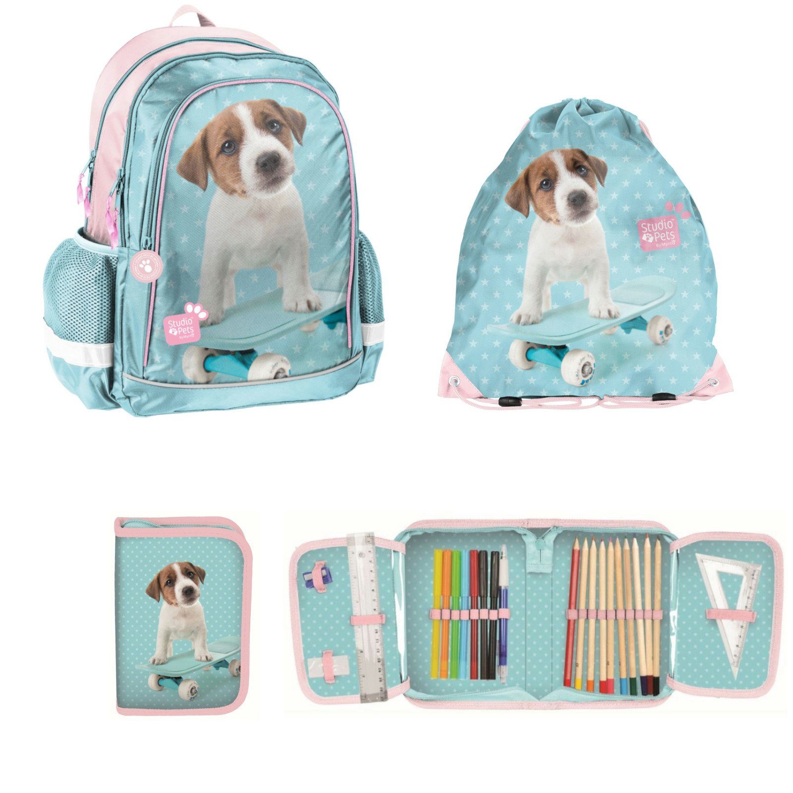 / mit Skateboard Mint + Hund + PASO Schulranzen - - Rosa 3-Tlg. Rucksack (Set), Federmappe Turnbeutel -