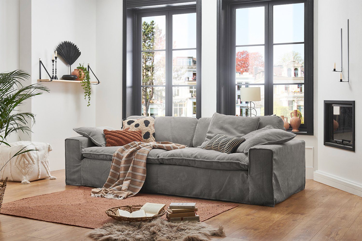 KAWOLA 3-Sitzer NETTA, Sofa Cord Bezug abziehbar, versch. Breiten und versch. Farben dunkelgrau | dunkelgrau