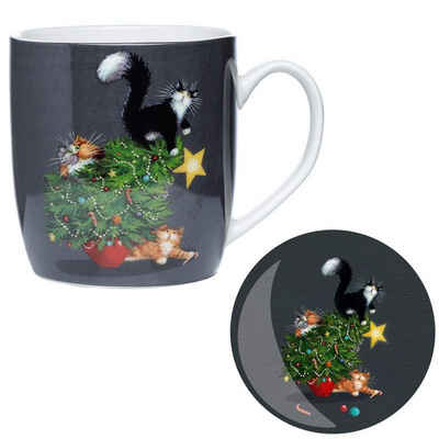 Puckator Tasse Weihnachten Kim Haskins Weihnachtsbaum Katze Tasse & Untersetzer Set aus Porzellan