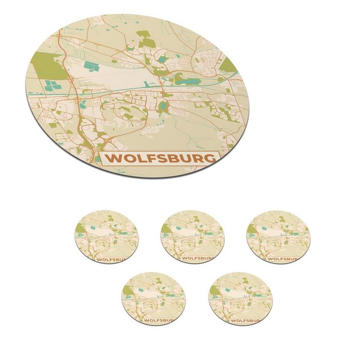 MuchoWow Glasuntersetzer Wolfsburg - Karte - Stadtplan - Vintage Zubehör für Gläser 6-tlg. Getränkeuntersetzer Tassenuntersetzer Korkuntersetzer Tasse Becher