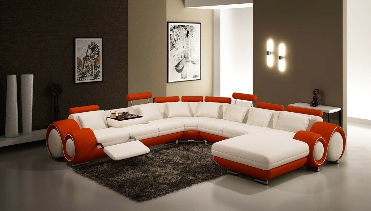 Ecksofa Ledersofa Couch Wohnlandschaft Weiß Eck Sofa JVmoebel Garnitur Modern Ecksofa USB