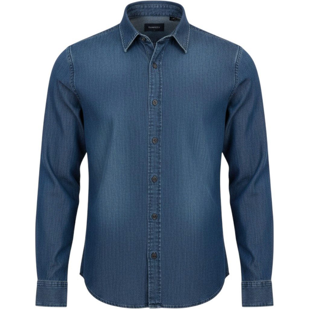 RAMSEY Hemdbluse Indigo Unifarben Casual Fit Baumwollhemd