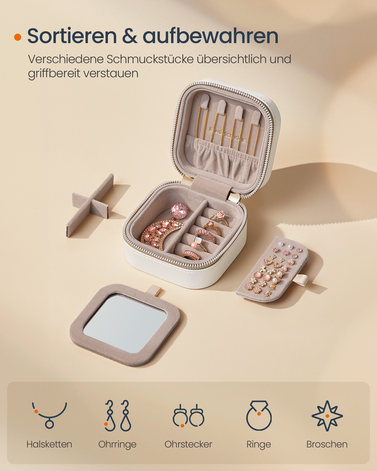 SONGMICS HOME Schmuckkasten Reise, Schmuckbox klein, PU mit Nähten, Reißverschluss, Geschenkidee