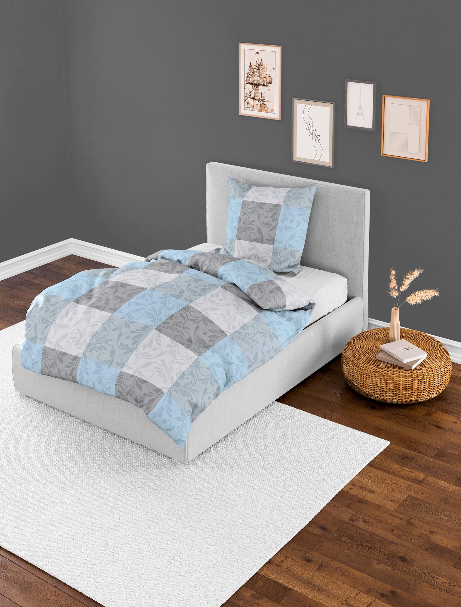 JACK Bettwäsche 135x200cm Karo Ornamente Blau Grau, Biber, 2 teilig, mit el günstig online kaufen