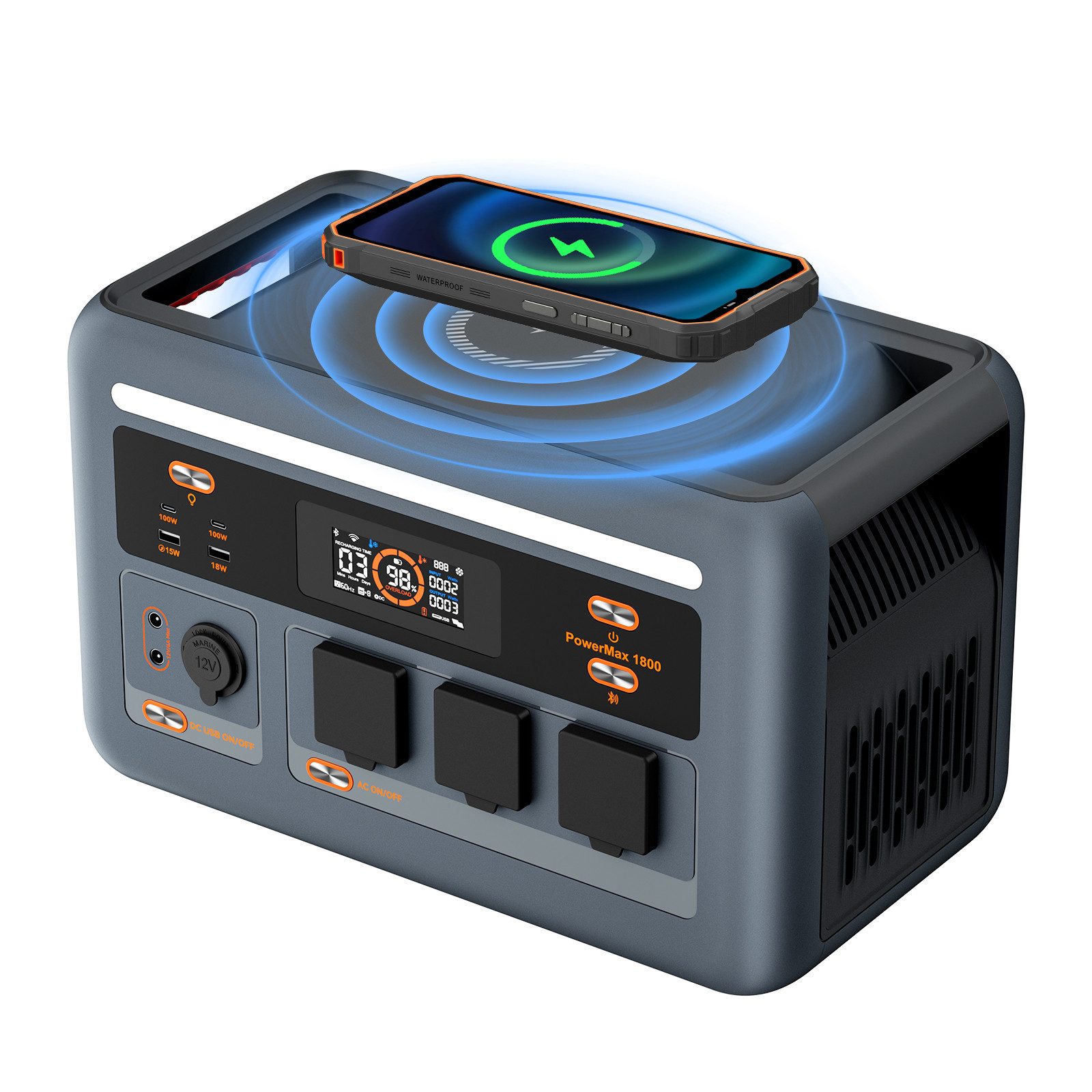 OSCAL Stromerzeuger PowerMax 1800W Tragbare Powerstation,1024Wh LiFePO4, 1,8 in kW, 11 Anschlüsse, Schnellladung für Camping Wohnmobil