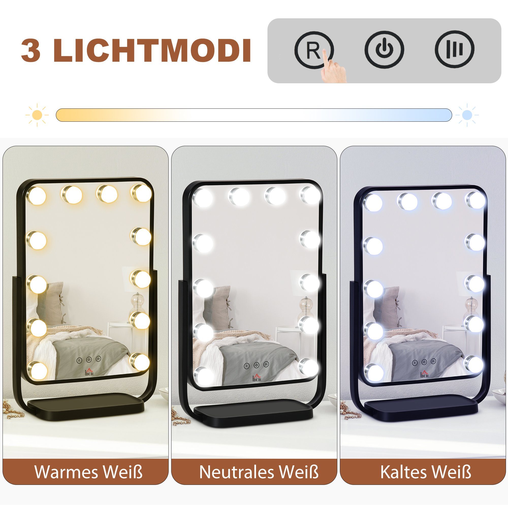 x Spiegel mit 1-St., HOMCOM 1 Spiegel), Makeup LED Schminkspiegel (Set, Hollywood Hollywood