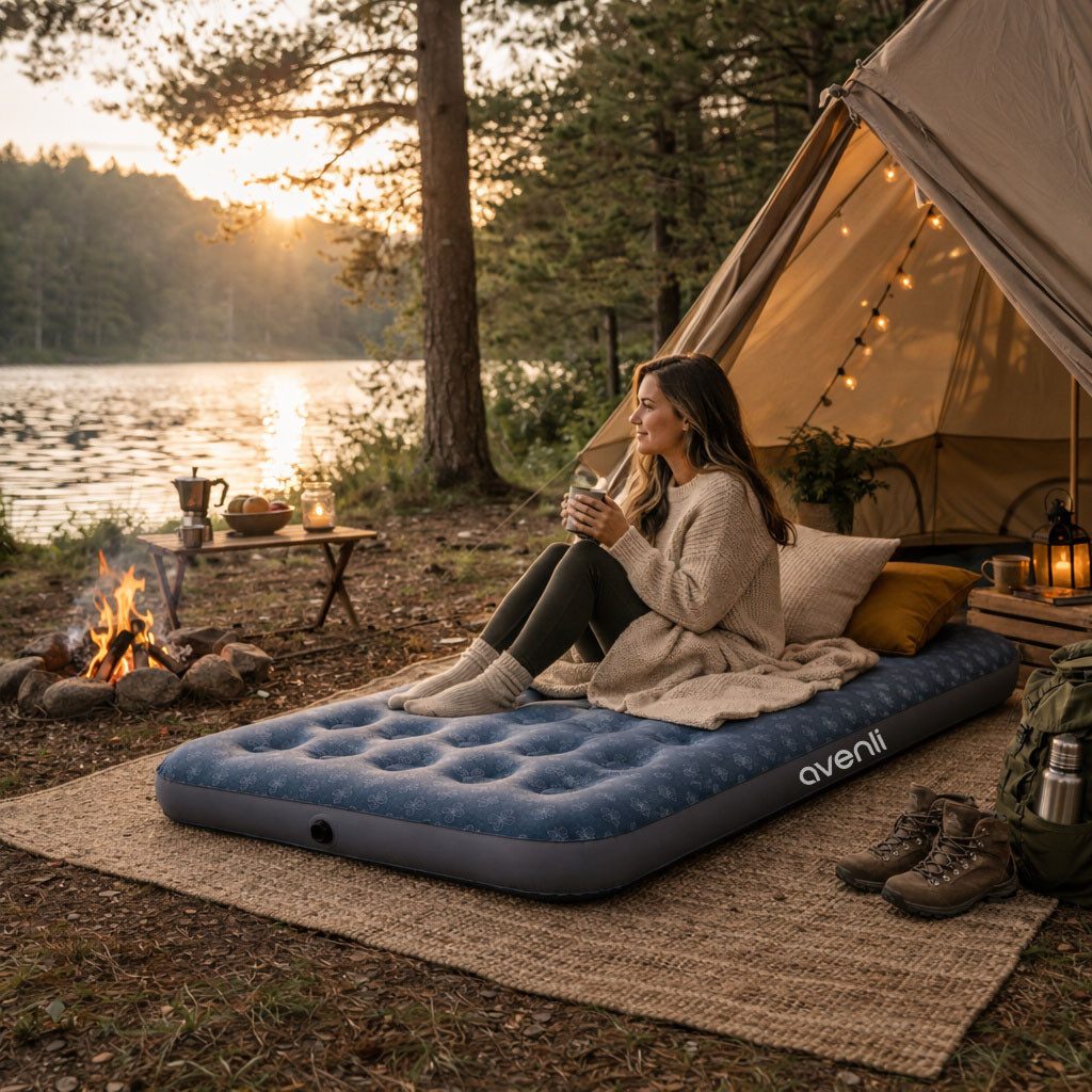 Avenli Luftmatratze Luftbett Camping für 1 Person grün mit Dekor 191x99x22cm Twin-Size, (aufblasbar Ideal als Reisebett oder Isomatte, 1-St., für Indoor und Outdoor mit beflockter Oberfläche), Campingmatratze ohne Pumpe