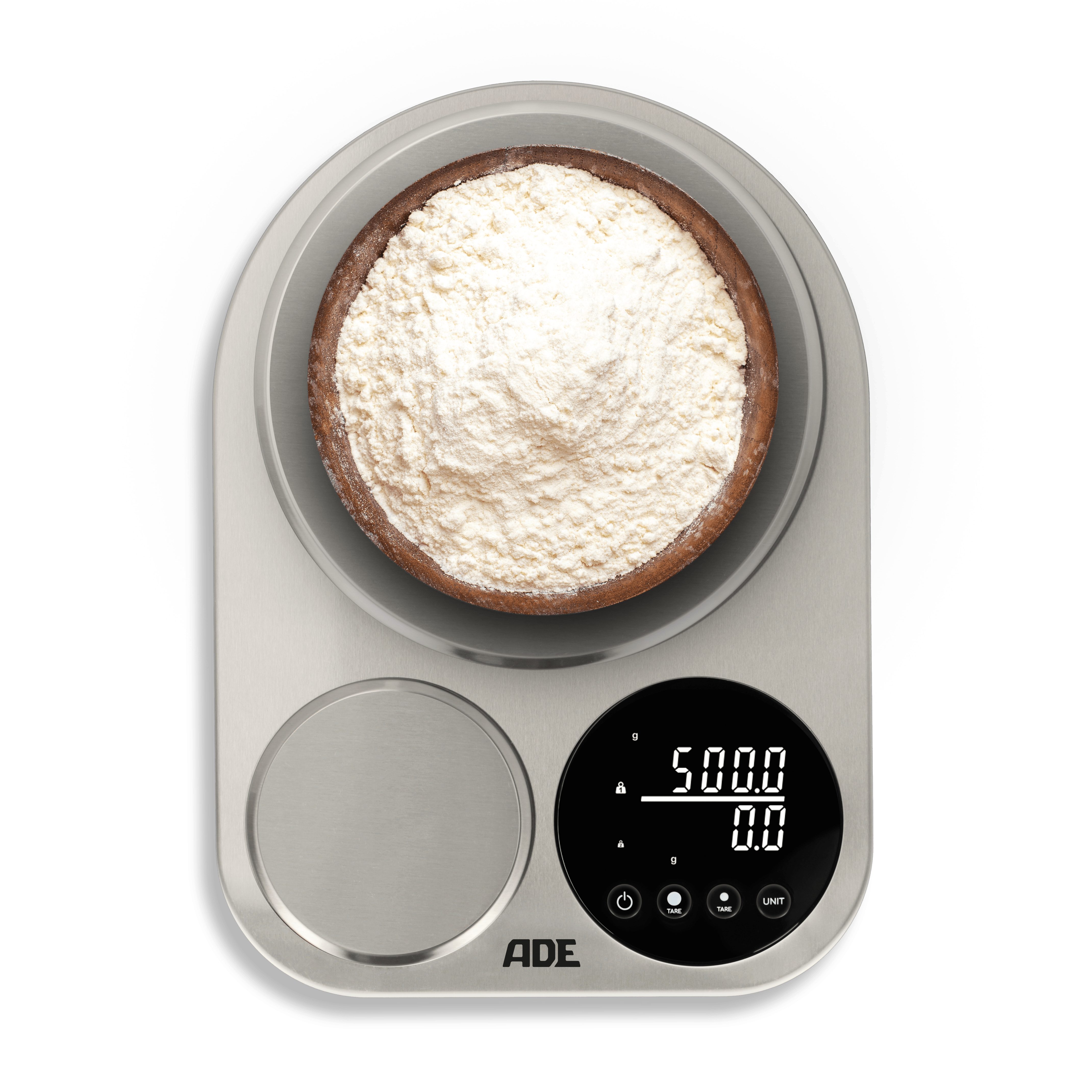 ADE Küchenwaage digital mit 2 Wiegeflächen 5kg/1g & 500g/0,1g, milligrammgenaue Waage für das Backen von Brot, Pizza, AAA Batterien