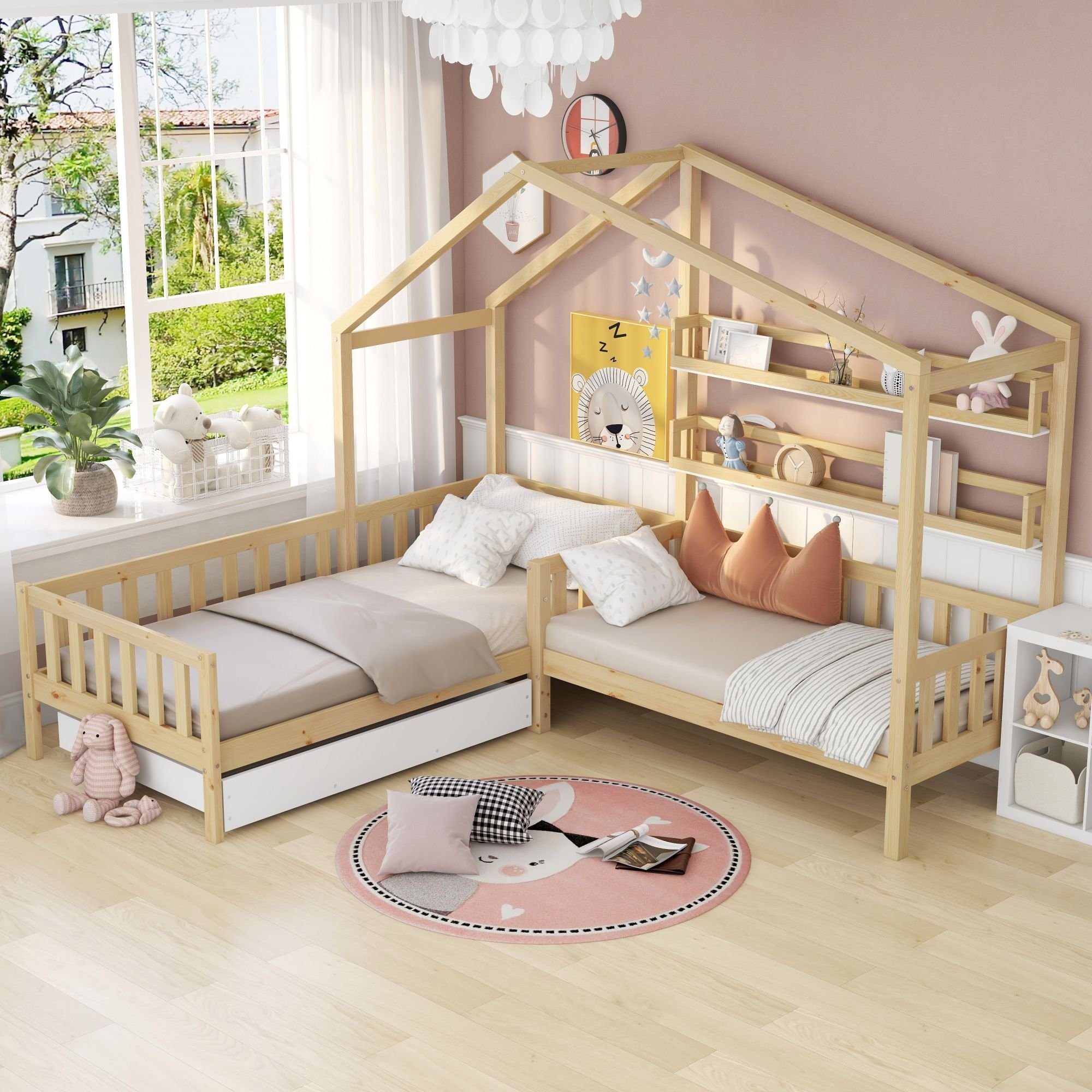 REDOM Bett Hausbett, Kinderbett 90x200 cm (mit Zaun und Lattenrost, L-Struktur), Ohne Matratze natur