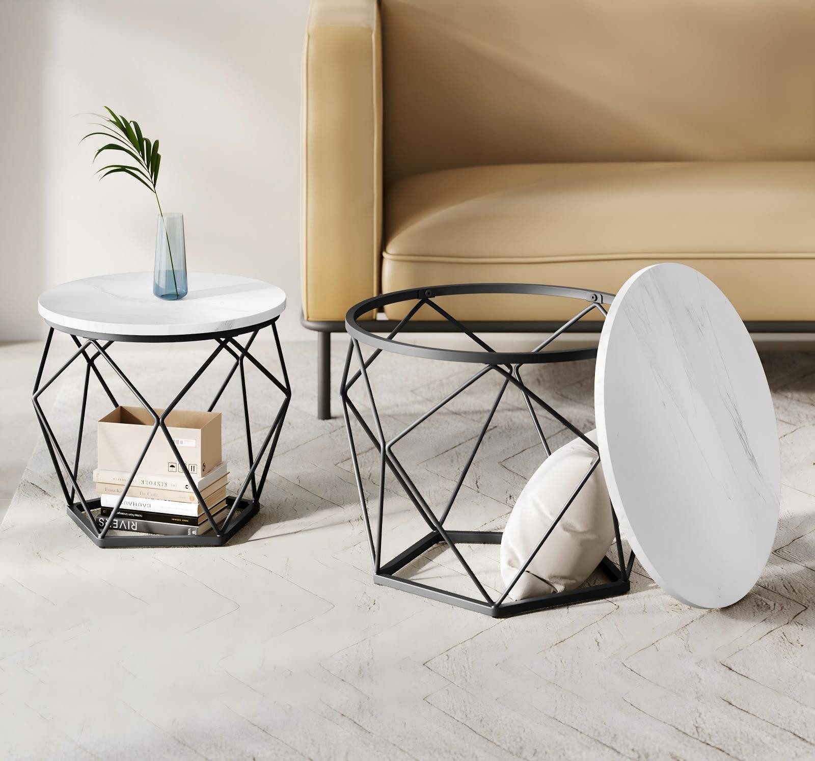 VASAGLE Couchtisch rund, Wohnzimmertisch, modern, Satztisch, Metall (2er Set, inkl. Zubehörpaket & Anleitung, Holz), Beistelltisch, abnehmbare Tischplatte, Ø50x40cm+Ø40x36cm