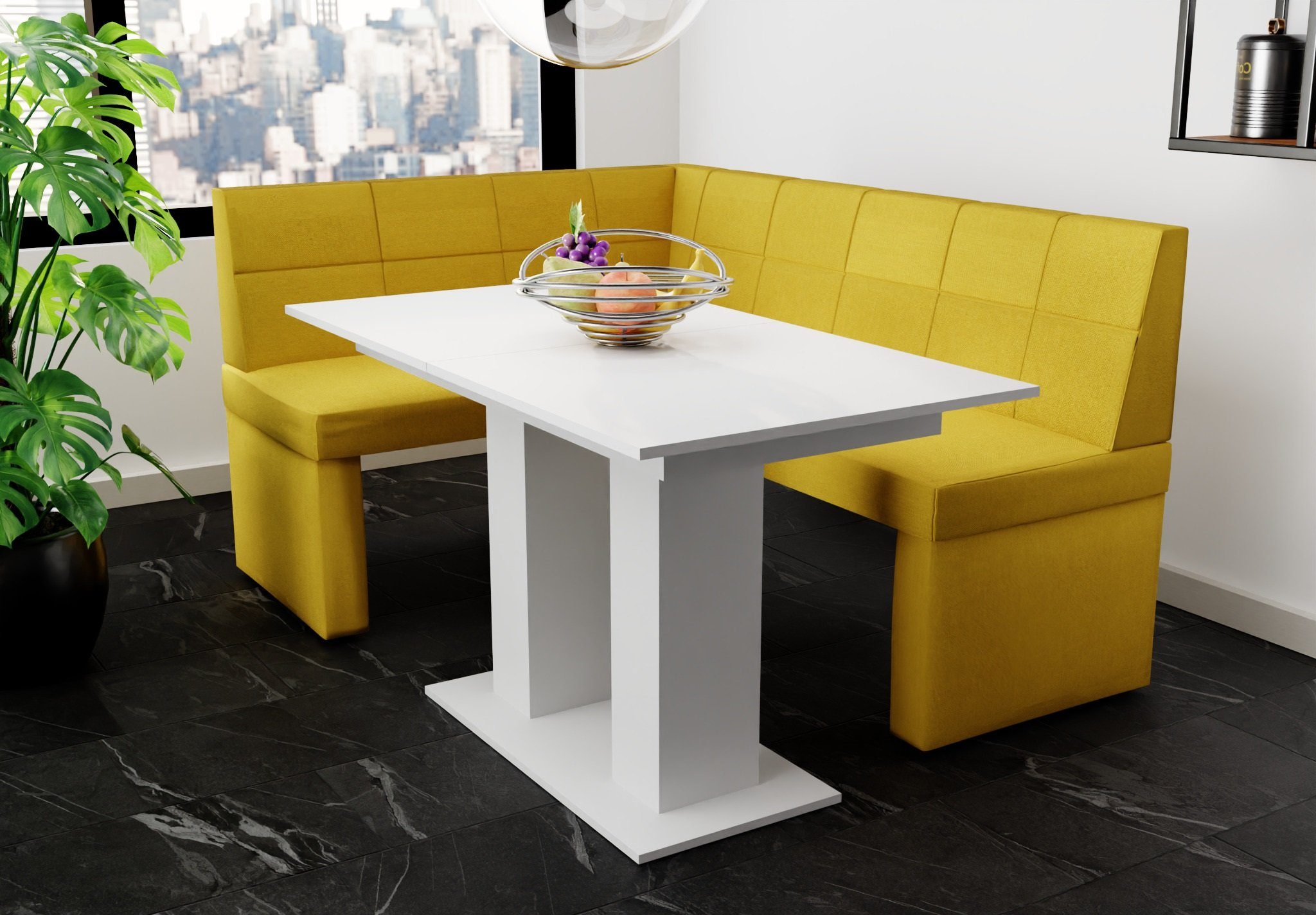 Fun Möbel Eckbankgruppe Eckbankgruppe „BLAKE“ Größe 168x128cm mit Tisch Weiß matt, ausziehbarer Tisch | Eckbankgruppen