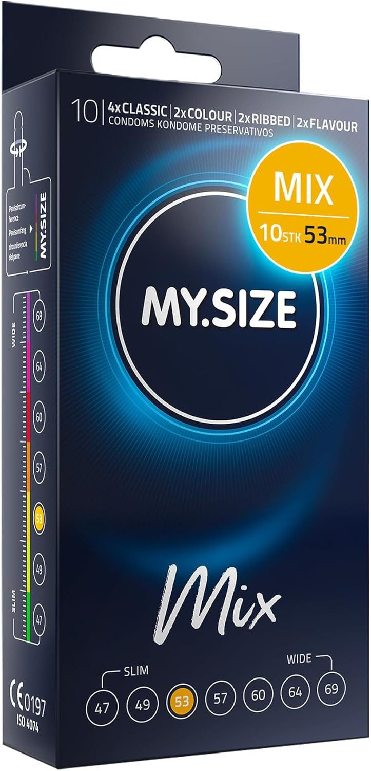 MY.SIZE Kondome Mix, gemischte Kondome in individueller Passform, blaue, rote mit Erdbeeraroma, gerippt, classic
