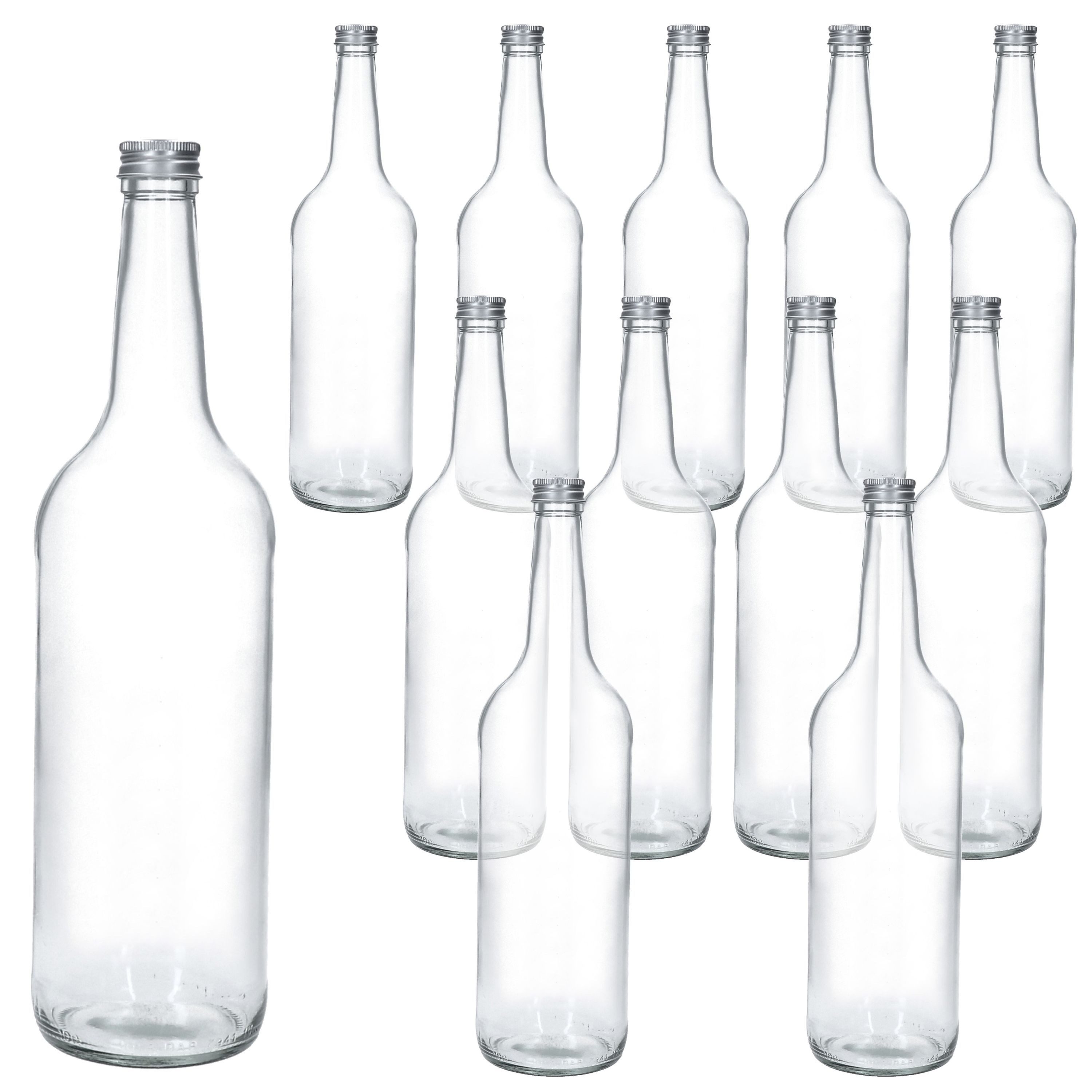 MamboCat Vorratsglas 12x Geradhalsflasche 1L + Schraubverschluss Silber 1000ml Glasflasche, Glas