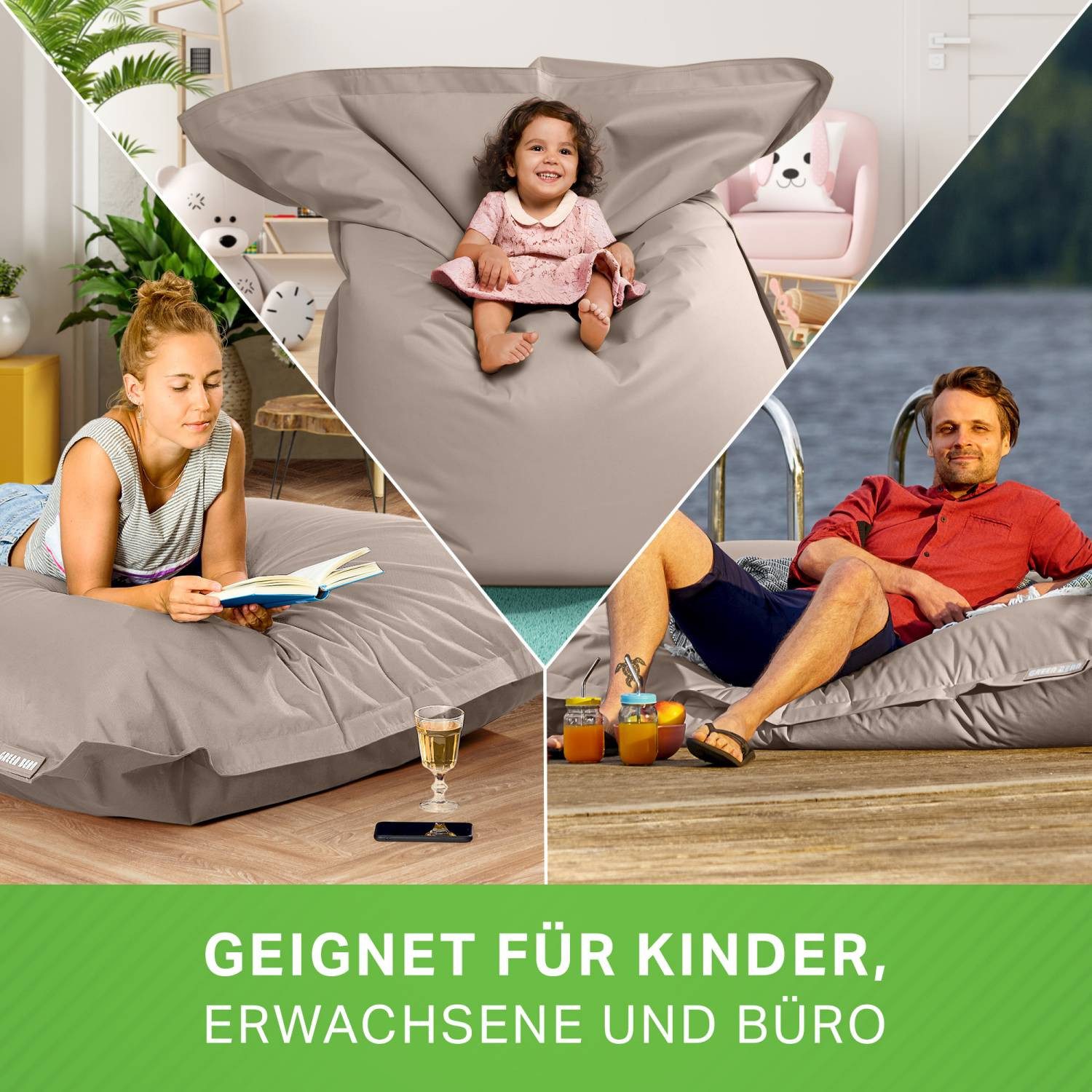 Green Bean Sitzsack XXL Outdoor Sitzsack Square 140x180cm (XXL Riesensitzsack 140x180cm 380 Liter Kinder & Erwachsene Bean Bag EPS Perlen Füllung, Groß Draußen  – Bild 3 von 5