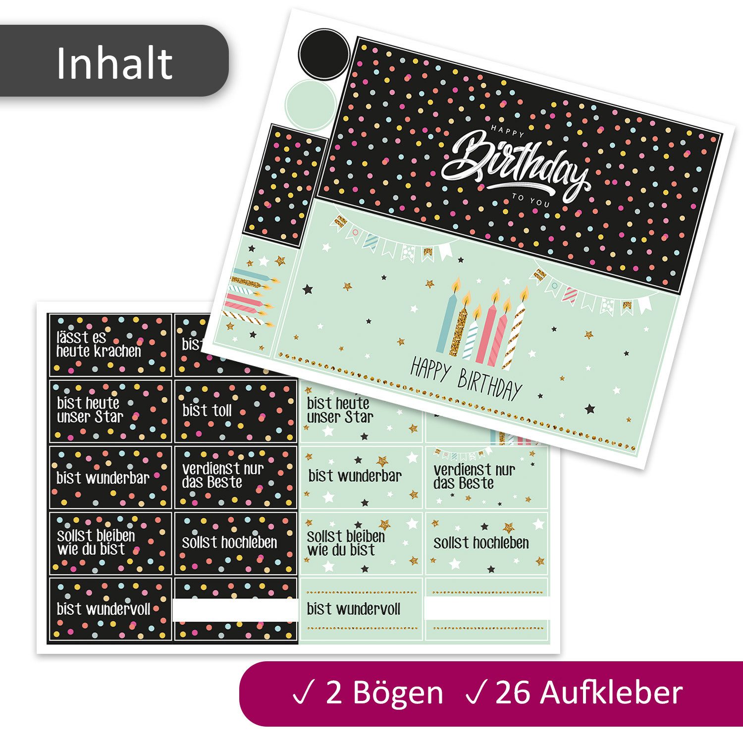 younikat Aufkleber Aufkleber-Set Happy Birthday Konfetti und Mint für Duplo I dv1366