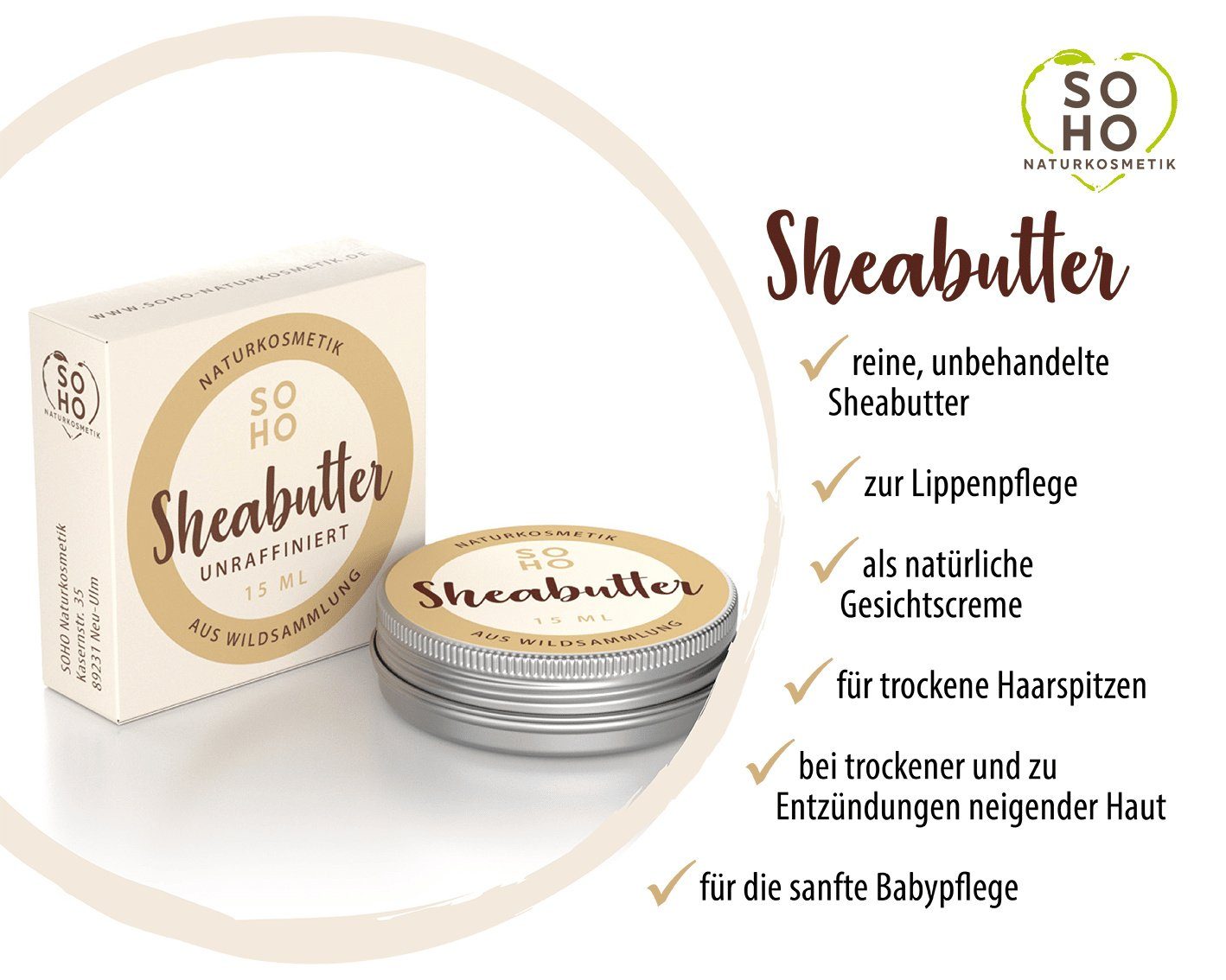 SHEABUTTER, Körperbutter, Lippenbalsam Naturkosmetik Gesichtscreme & Lippenpflege SOHO