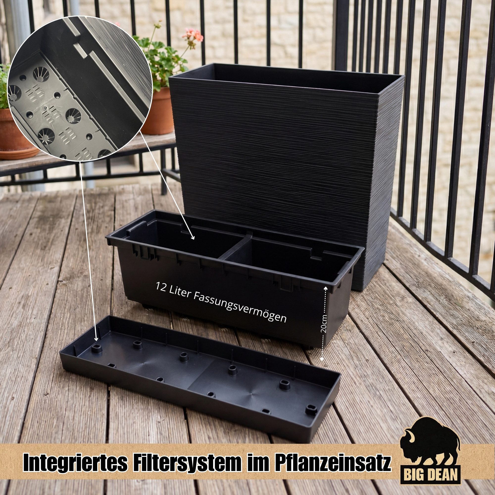 BigDean Pflanzkübel Blumenkasten mit Einsatz aus robustem Kunststoff Anthrazit (Packung, 1 St., Pflanzkübel), Wetterfest, Uv-beständig – Bild 5 von 5