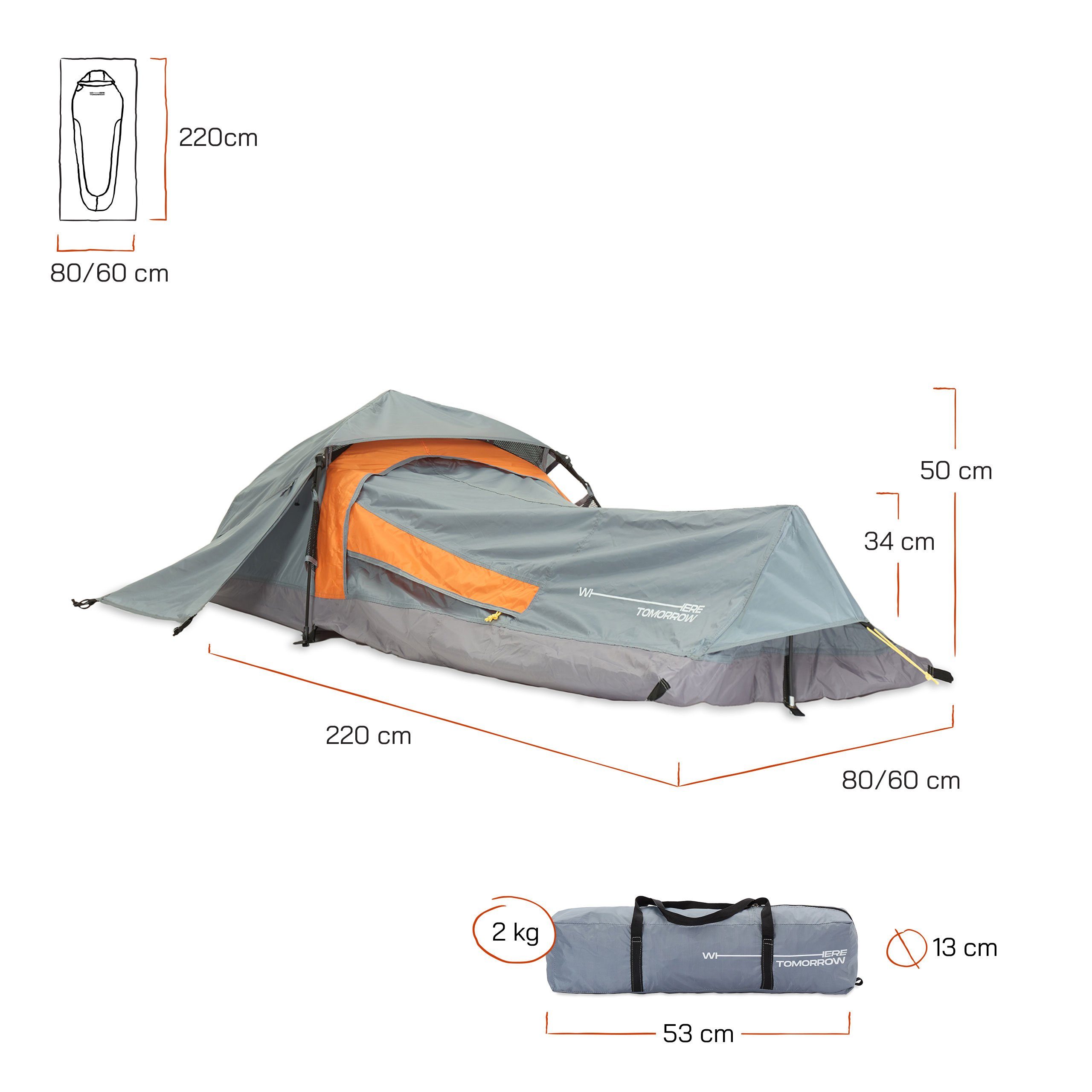 Lumaland Pyramidenzelt Solo-Zelt 220x80x50cm, grau Wurfzelt 1-Personen Camping ultraleicht Up Personen: Festival Pop 1