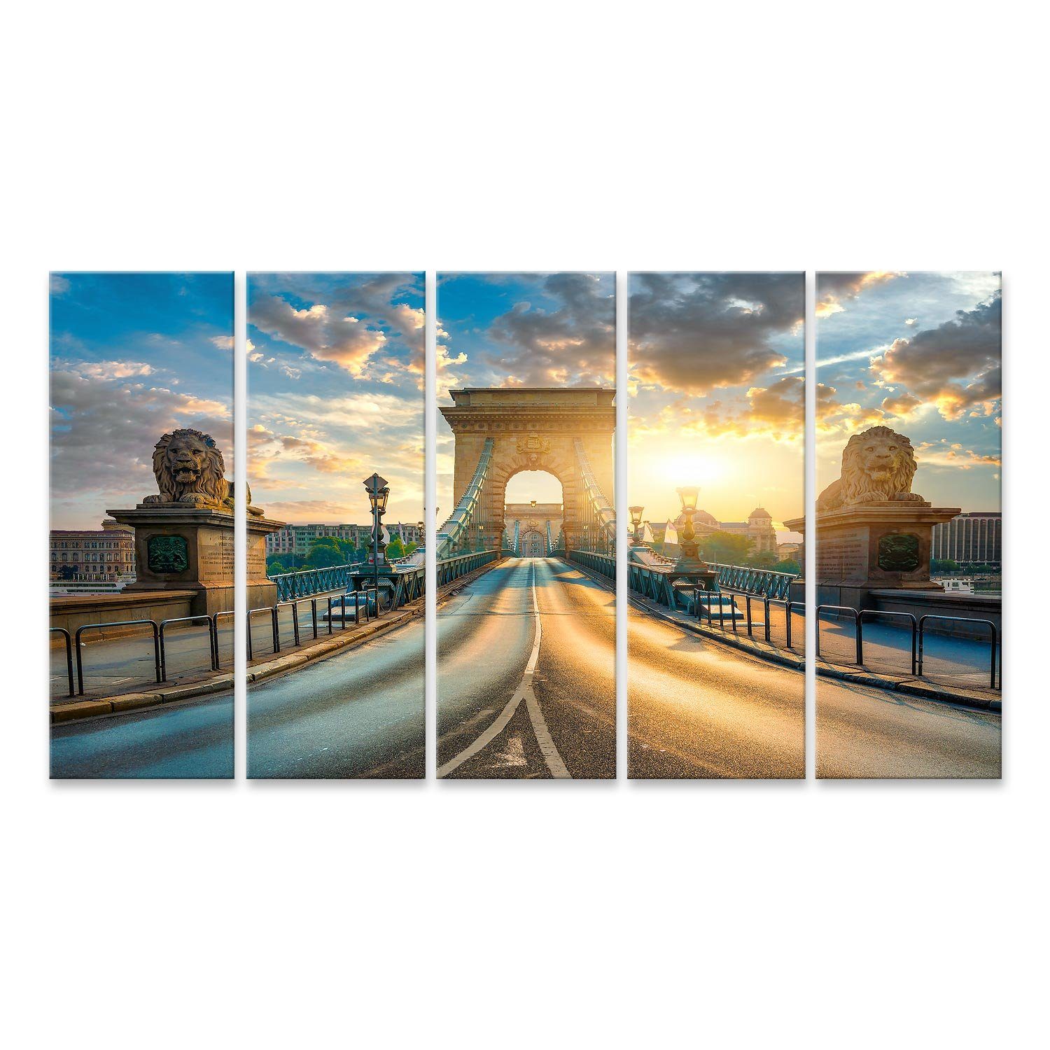 islandburner Leinwandbild Bild auf Leinwand Kettenbrücke Budapest Statuen Löwen Sonnenaufgang Un