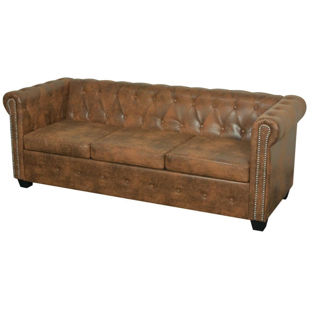 Chesterfield-Sofa 3-Sitzer antik braun, mit Knopfheftung und Nietenverzierung