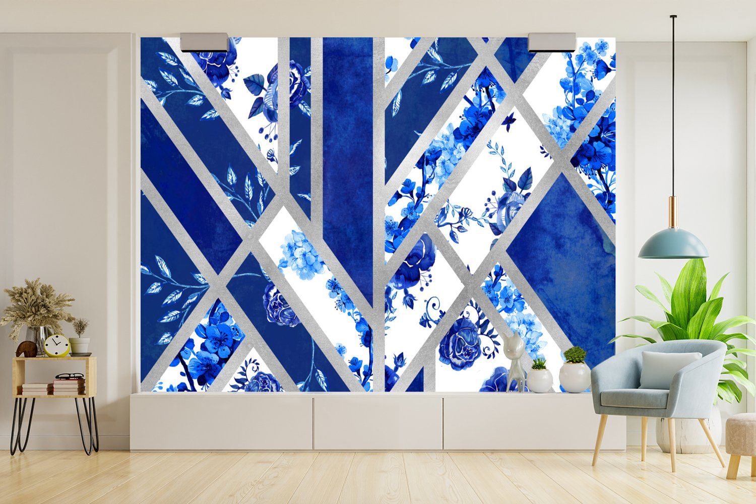 Schlafzimmer, Blau Tapete für MuchoWow (6 Vinyl Design Fototapete Kinderzimmer, Wohnzimmer, bedruckt, Matt, - Abstrakt, St), Delfter - Wallpaper
