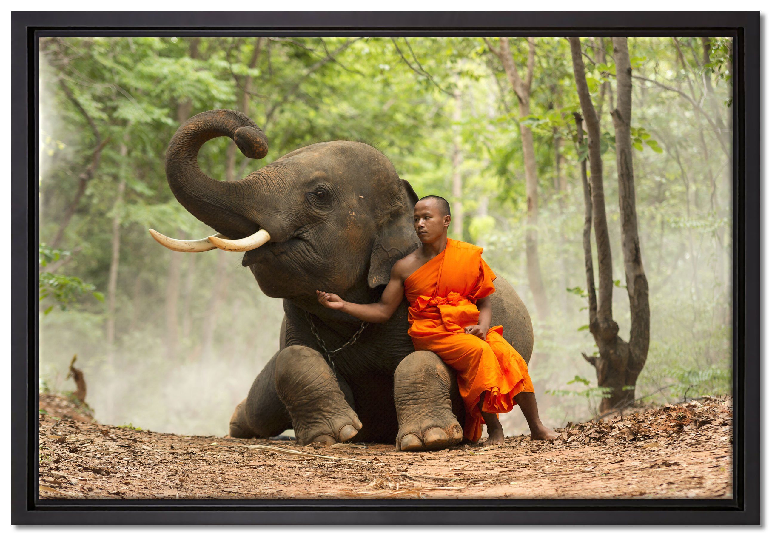 Pixxprint Leinwandbild Mönch Elefanten Wald, Wanddekoration (1 St), Leinwandbild fertig bespannt, in einem Schattenfugen-Bilderrahmen gefasst, inkl. Zackenaufhänger